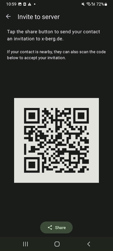 Your prompted with a QR code and a share button at the bottom.