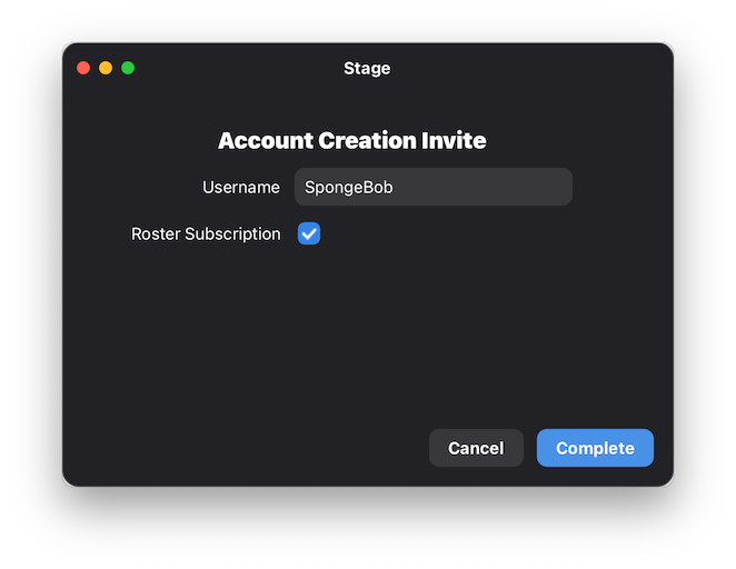 A form showing fields for 'Username' and a checkbox for 'Roster Subscription'