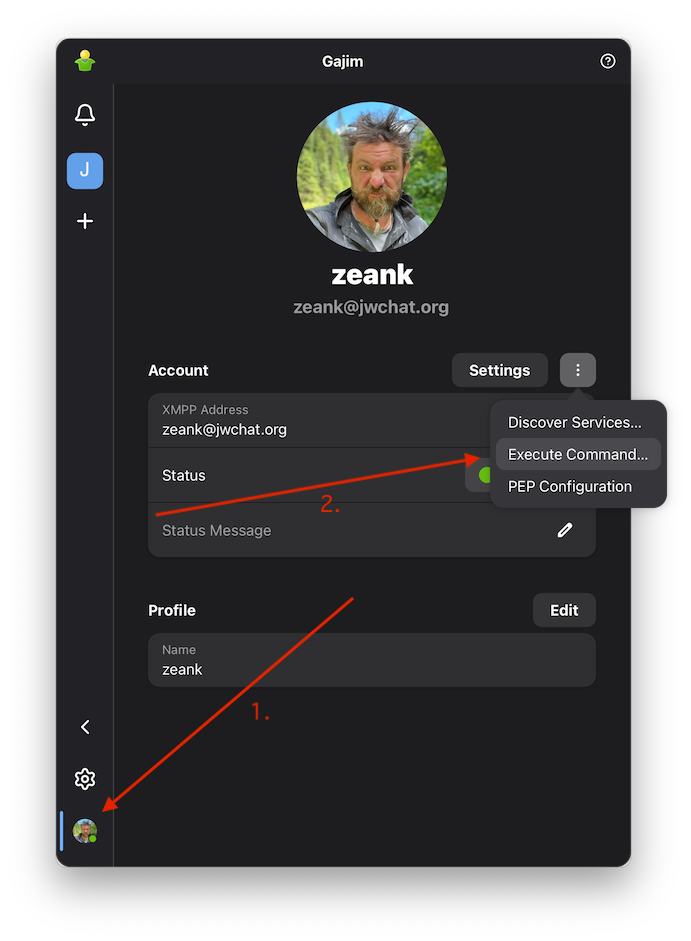 Access Gajim's account by clicking bottom-left corner, then navigate to extended options in top-right corner and pick 'Execute Command' from the drop-down menu.