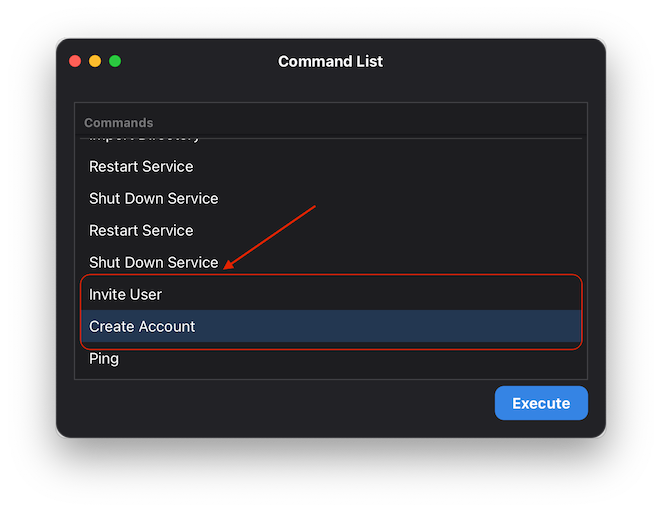 Dialog of available commands where you pick either 'Invite User' (User Invitation) or 'Create Account' (Account Creation)