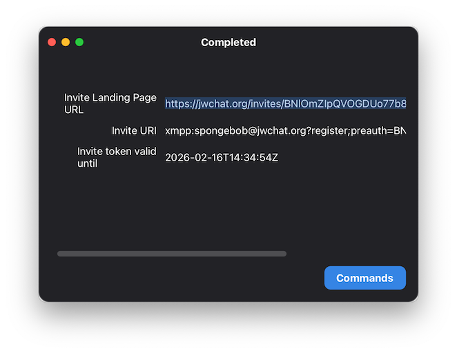 A dialog showing values 'Invite Landing Page URL', 'Invite URI' and 'Invite token valid until' as a result of submitting the form. These values can be selected to hand over to your invitee.