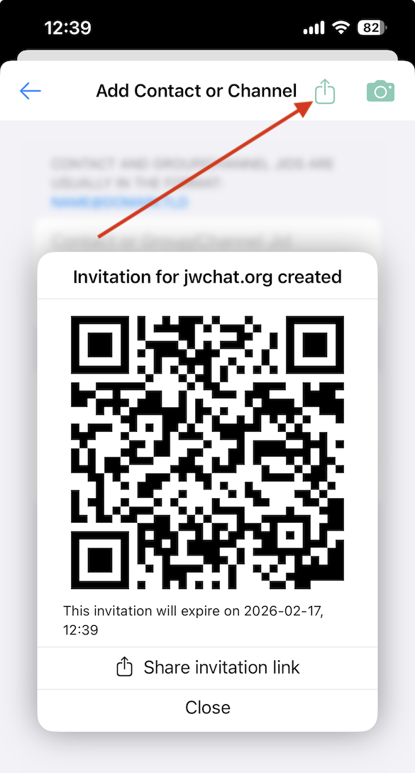 Click top right share button, left of camera icon. Results in screen with QR code and another 'share invitation link' button.
