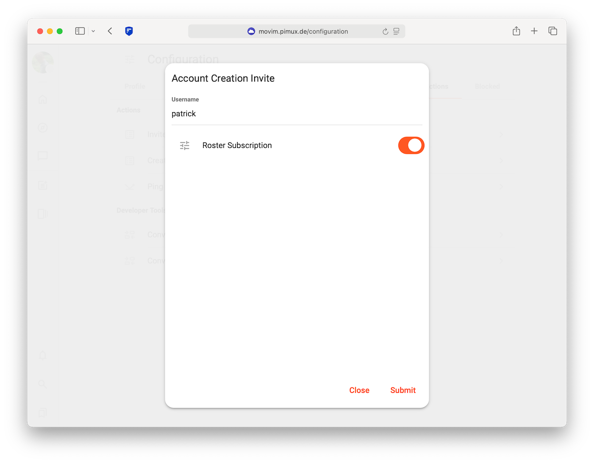 Form shows a 'Username' field and a 'Roster Subscription' toggle. Submit button at the bottom right.