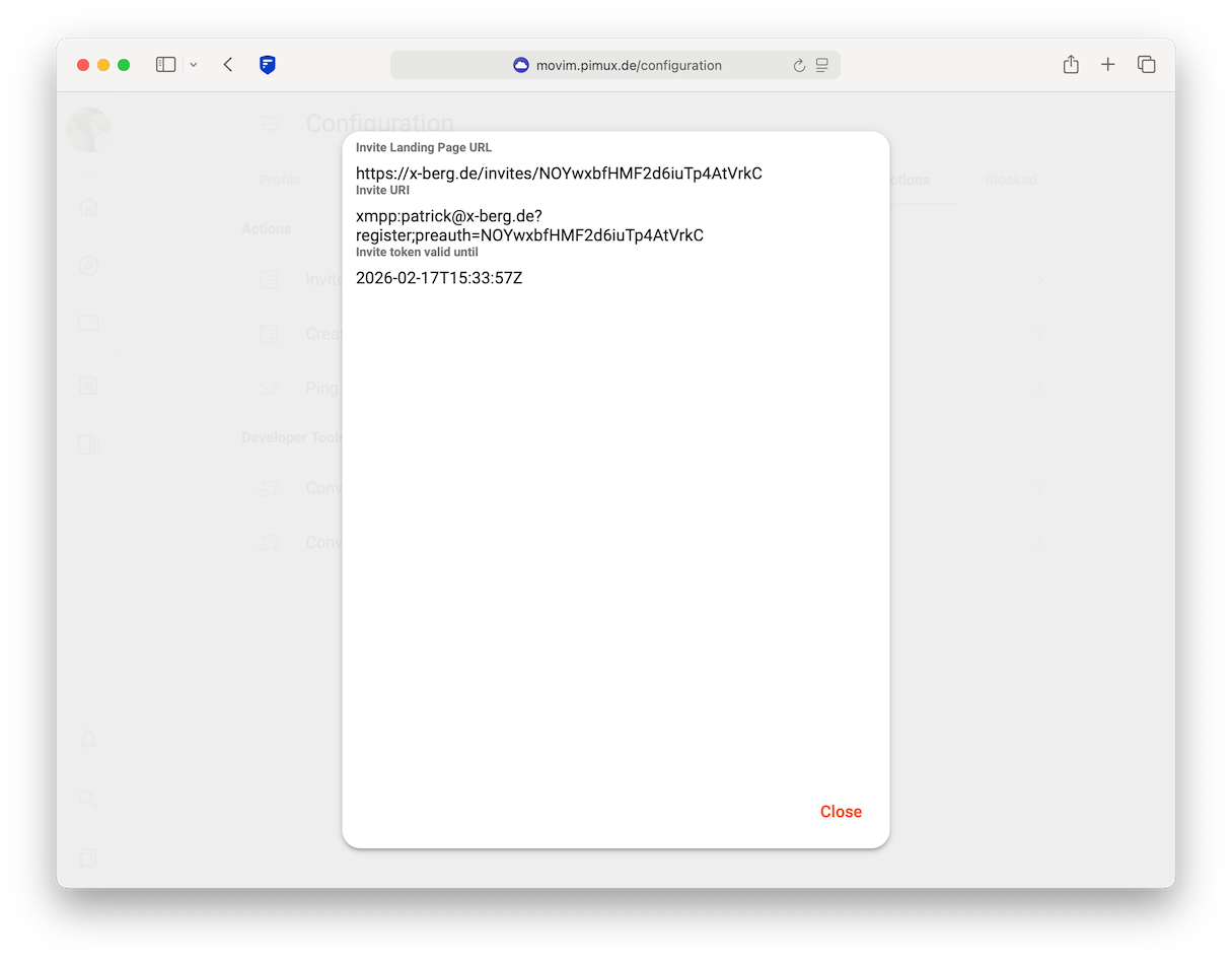 The result window 'Invite Landing Page URL', 'Invite URI' and 'Invite token valid until'.