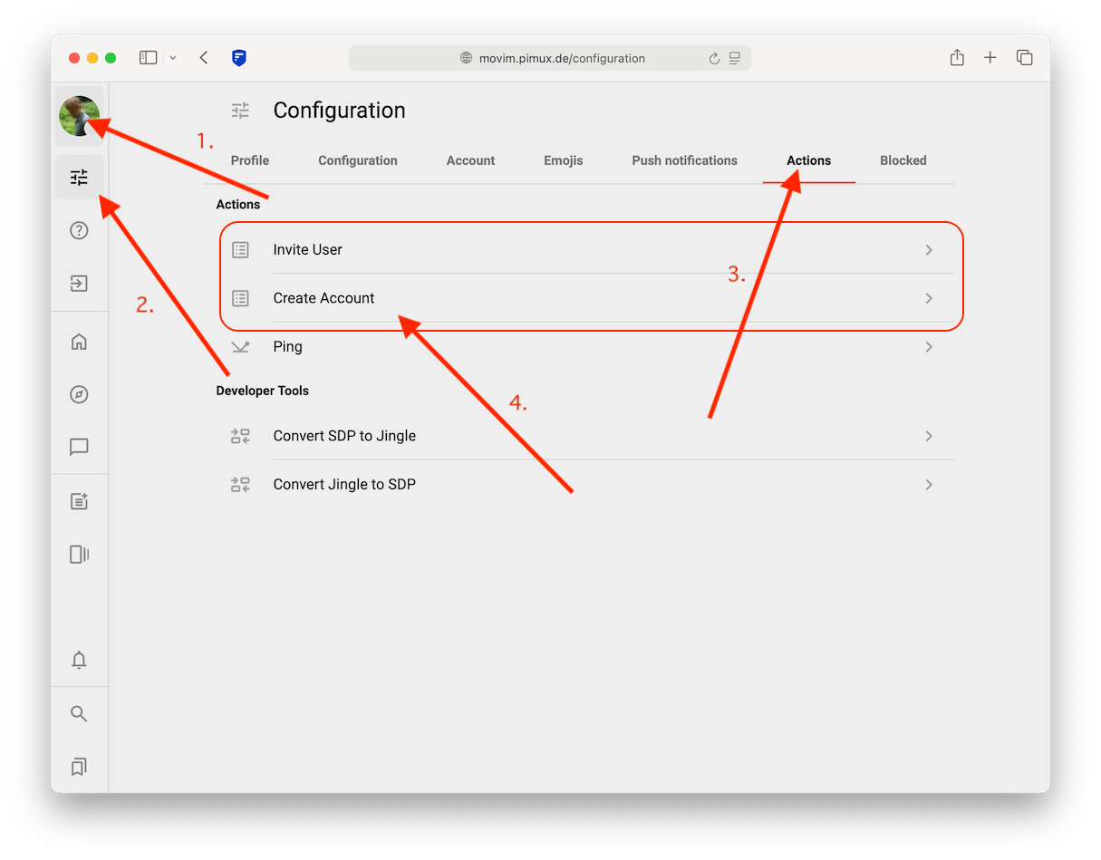 Click account icon top-left, click settings icon below, click 'Actions' on configuration screen left of it, select either of 'Invite User' or 'Create Account'.