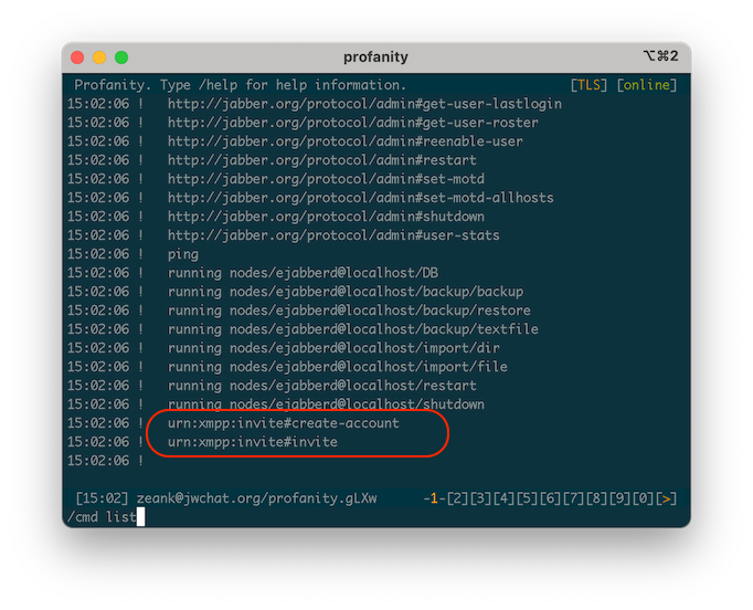 Send '/cmd list' from profanity's main window.