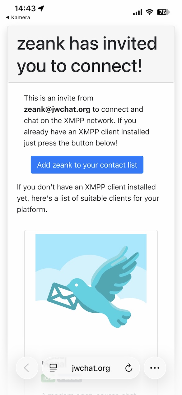 A webpage viewed on a smartphone that shows that you have been invited to connect and a big button to add someone to your contact list. Furthermore it shows a selection of clients to install.
